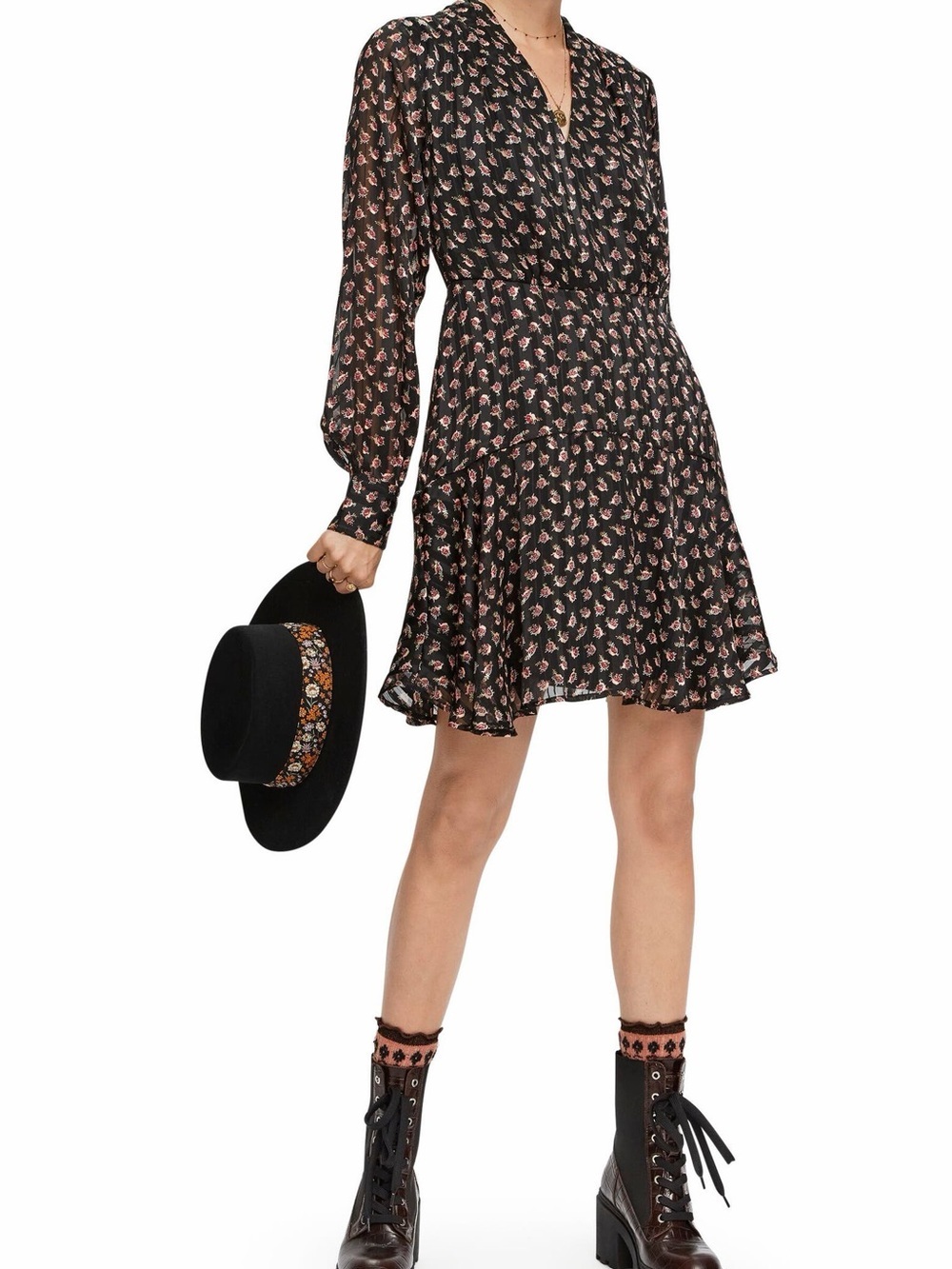 Scotch & Soda Black Long-Sleeve V-Neck Floral Mini Dress size small